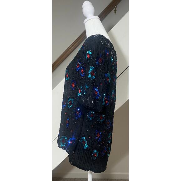 Vintage Stenay Beaded Sequined Embellished Short Sleeve 100% Silk Top Size XL - Picture 4 of 9
